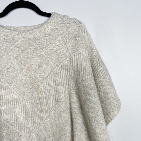 LOFT M/L Medium Large Heather Cream Knit Poncho Sweater Wool Blend Soft Cozy - Picture 3 of 9